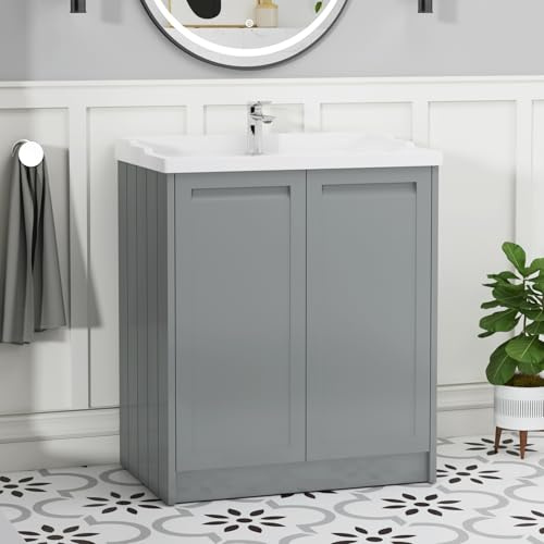 Royal Bathrooms Elmore 700mm Bathroom Vanity Unit With Wash Ceramic Basin Sink, Soft Close Doors, Floorstanding Cabinets, 1 Tap Hole Traditional Ceramic Basin, Matte Pebble Grey