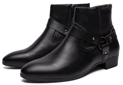 Stivaletti Chelsea da uomo con tacco grosso, con fibbia per cintura, alla moda, classici, con cerniera laterale, formali, stile Oxford, casual, da lavoro, stile chukka, Nero , 41 1/3 EU