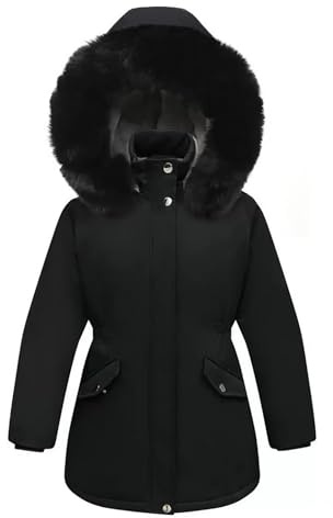 Nemopter - Piumino per Bambina Principessa, Mantello Invernale, Felpa, Giacca per Bambini Calda con Cappuccio e Pelliccia Spessa, Parka, Nero , 6-7 Anni