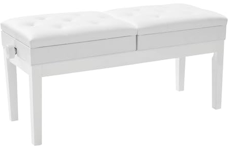 Doppelsitzer Klavierbank, Piano Hocker mit Stauraum, 108x39x48 cm (Weiß) | Klavierhocker für 2 Personen, 40mm Schaumstoff, 200kg Traglast, Sitzflächen Unabhängig Höhenverstellbar