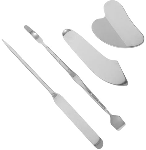 VILLFUL 4 Stück Teiliges Gua Sha Werkzeug mit Doppelseitigem Mitesser Entferner und Präzisem Foundation Stick für Gründliche Porenreinigung Massage und Gleichmäßiges Make-up Silberfarben