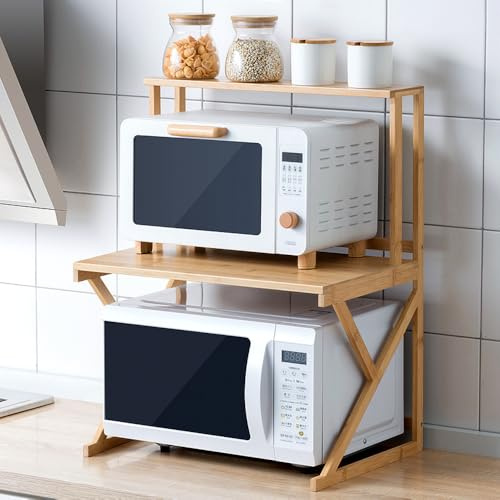 CHZIMADE Microwave Shelf 2 Tier Stand Oven Rack Shelf | Kitchen Countertop Unit, Worktop Organiser, Easy to assemble, for Air Fryer, Toaster, Coffee Machine, 52x37x67.5cm