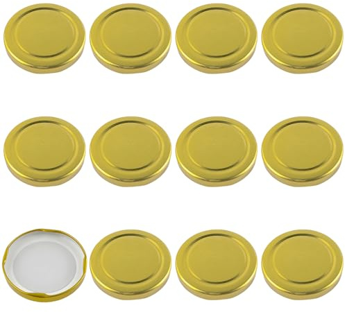 Wjelet 12Pcs Jam Jar Lids, 63mm Gold Twist Off Replacement for Preserving Chutney Marmalade Pickling Airtight Leakproof Reusable Sealing Caps