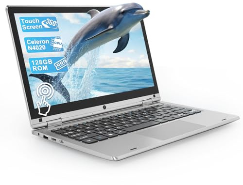 Ordenador portátil de 11,6 pulgadas, procesador Celeron N4020, 6 GB RAM 128 GB SSD, PC portátil táctil plegable de 360 grados, WiFi de doble banda, mini HDMI, diseño plateado para trabajo y estudio