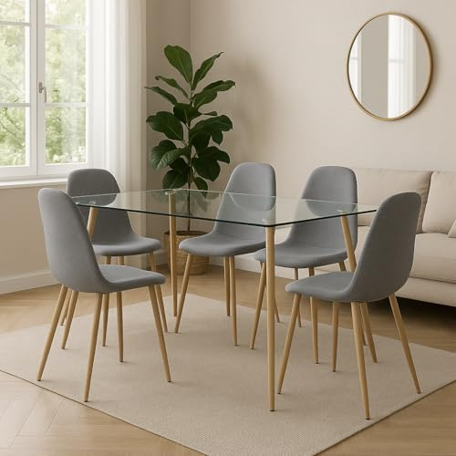 Meyvaser.com Ecommerce Company Mesa de Comedor Fija con Tapa de Cristal y Patas Metálicas Efecto Madera Aserrada – 120x70x75 cm – Diseño Moderno e Industrial con Estructura de Acero