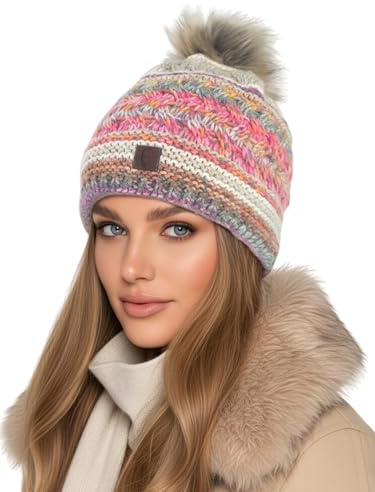 Baesics Bommelmütze Damen Herren - Wintermütze Kunstfell Bommel warm | Mit flauschigem Pompon und weichem Fleecefutter, Größe ca. 54-58 cm, Strick aus der EU. Warm für Herbst, Winter und als