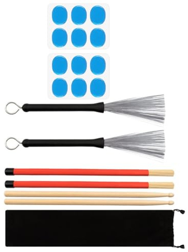HOMOBABE Metal Drum Brushes Set with 5a Wood Drumsticks and Drum Dampeners Bamboo Stick Percussion Kit Includes Plush Storage Bag