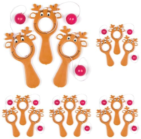 Baker Ross AF834 Weihnachtsspiel Mini-Rentierschläger mit Ball, Spielzeug für Kinder, perfekt für Partys und Preistüten, Strumpffüller, Vorteilspackung mit 25 Stück, Verschiedene Motive