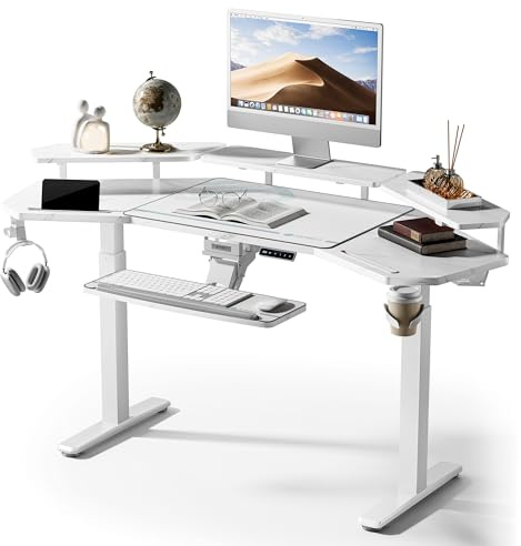 EUREKA ERGONOMIC Gaming Desk, w Keyboard Tray, 73 Wing Shaped Music Studio Table with LED Shelves, Gaming Recording Live Stream, Slot Design