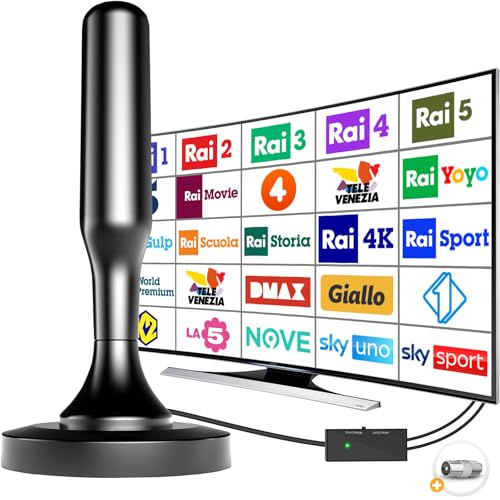 Yowrepu Antenna TV Interna, Antenna TV Interna HDTV Digitale 500KM Amplificata con Base Magnetica/Amplificatore di Segnale Support 4K HD/1080P per Smart Televisione, Cavo Coassiale 5m