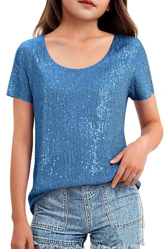 T-shirt à paillettes pour filles - Manches courtes - Col rond - Pour adolescentes - Chemises de danse scintillantes