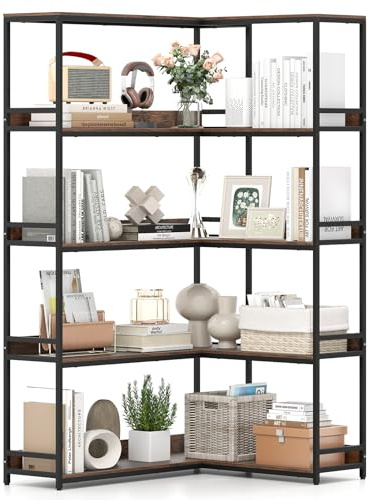 COSTWAY Corner Bookshelf, 5-Tier Large L-Shaped Bookcase Storage Rack, 180 cm Tall Industrial Etagere Open Display Shelf for Living Room Home Office (Rustic Brown)