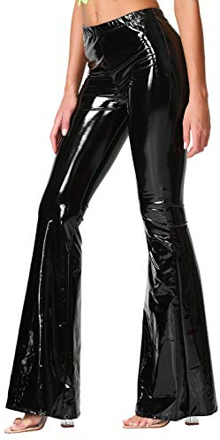 J2 Love Women’s Faux Leather Flare Pants, High Waist Stretch Bell Bottom Pull-On Trousers, Large, Patent Black