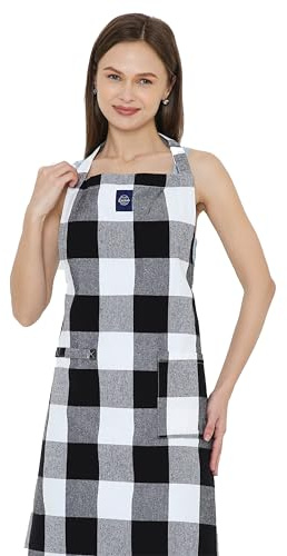 Encasa XO Chef Apron, Adjustable Cotton, Kitchen Cooking, Pockets | Buffalo Black Checks, 100% Cotton | Adjustable Neck Strap & Long Ties, Front Pockets & Towel Loop | Stain Resistant