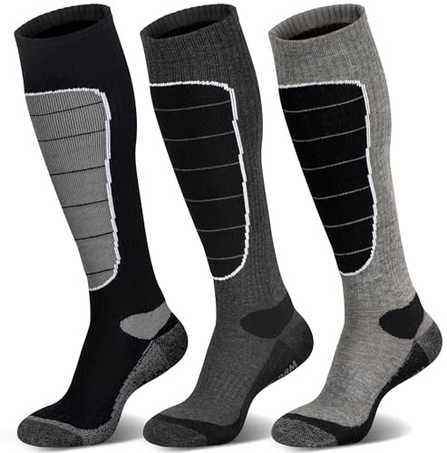 Hylaea Merino Wool Ski Socks, Cold Weather Socks for Snowboarding, Snow, Winter, Thermal Knee high Warm Socks, Hunting, Outdoor Sports (3 Pairs (Black Grey Grey), Medium)