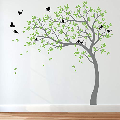 Large Tree Wall Decals Nursery Leaning Tree Stickers with Birds Wall Art Mural Vinyl Decor KW032 (Leaning Left, Grey, Lime-Tree Green, Black)