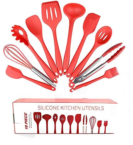 UKKD Stoviglie in Silicone Set di Utensili da Cucina 10Pcs Utensili da Cucina in Silicone Strumenti di Cottura Antic. Tutto su Utensili da Cucina in Gel di Silice,Rosso