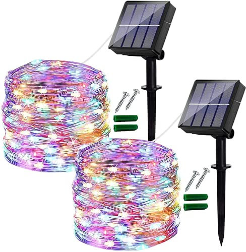 [2 Stück] Solar Lichterkette Aussen, 12M 120 LED Lichterkette Outdoor Wasserdicht Kupferdraht 8 Muster Solar Lichterkette Dekoration für Garten, Balkon, Terrasse, Hochzeit, Party (Bunt)