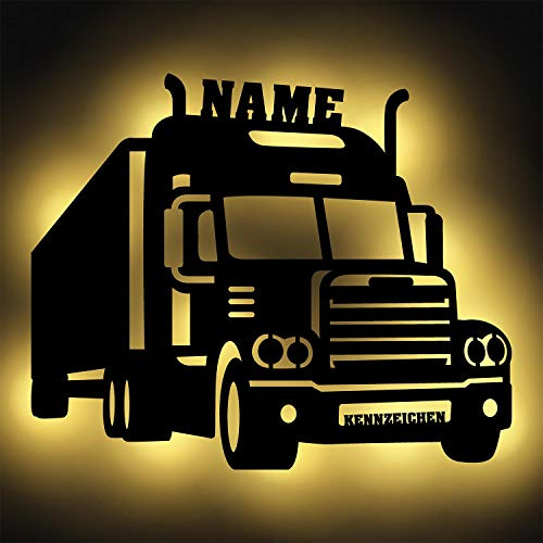 Namofactur personalisierte LKW-Wandlampe aus Holz mit LED für Trucker | Mit Wunschname und Kennzeichen – batteriebetrieben und in verschiedenen Farben wählbar; Batterien nicht enthalten