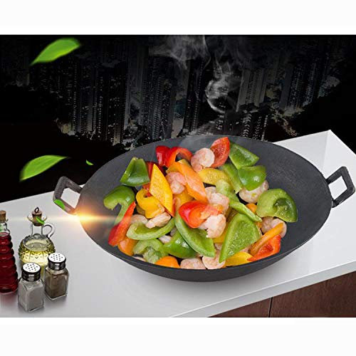 ZXFDMSWJ Gusseisen-Wok Gusseisen-Wok-Pfanne für den Haushalt, altmodisch, Doppelohr, verdickt, irdener Herd, runder Boden, spitz, heißer Topf, Wok, kommerzielles Wok-Gas, PhotoColor-80CM