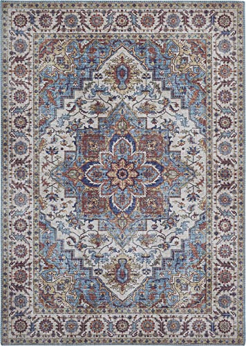 -LUXOR- living Teppich Wohnzimmer Bonum im Vintage Design - Wohnzimmerteppich Teppich Kurzflor Digitaldruck in zeitlosem Design Blau 120 x 170 cm