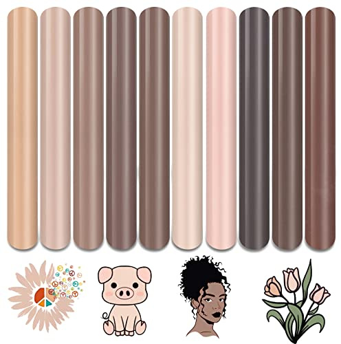 Tintnut Skin Tone Iron on Vinyl HTV Heat Transfer Vinyl 10 Sheets 12x10in | Brown HTV vinyl,easycut & weed & transfer,works with iron & heat press,stretchy & waterproof,for t-shirts bags crafts DIY