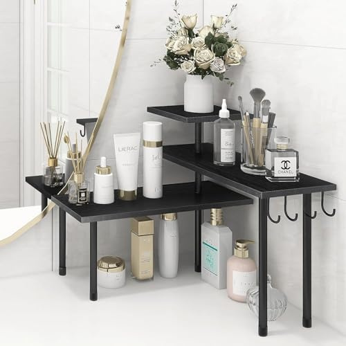 Homode Bathroom Counter Organizer Corner Shelf, Kitchen Countertop Organizer, 3 Tier Wood Counter Shelf Stand for Over The Sink, Coffee Station, Desktop, Black
