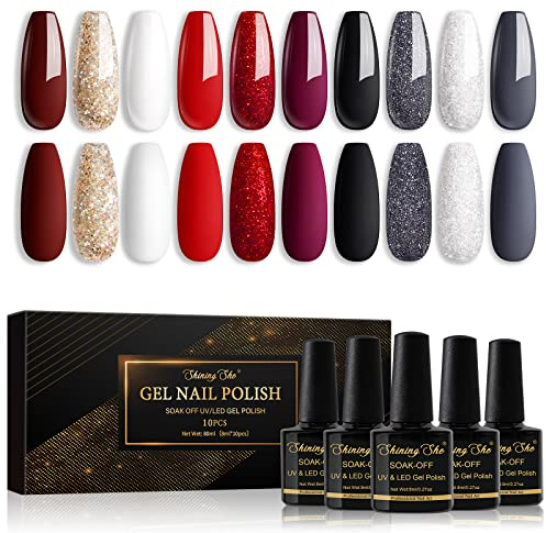Shining She UV Nagellack, 10 Farben Glitzer Rot Weiß Grau Schwarz Gel Nagellack Soak-Off UV Gel Nial Polish Maniküre Set für Anfänger Art Salon DIY Nail, 8ML