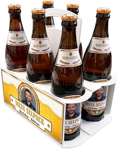 PRINTALA Bierträger + Bieretiketten personalisiert mit Foto & Text | Six-Pack + Aufkleber-Set personalisiert Bedruckt mit Foto & Texten nach Wahl (Gelb)