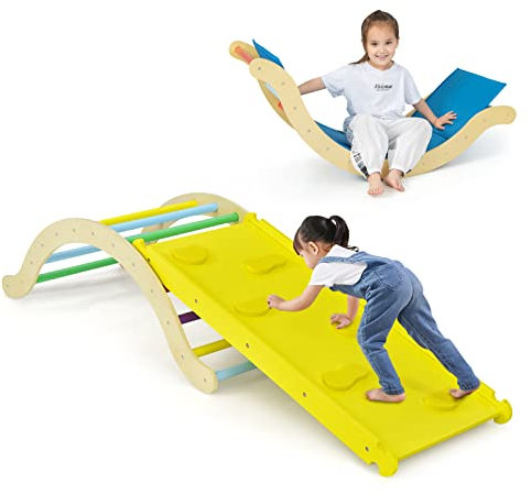 DREAMADE 3-in-1 Klettergerüst Indoor mit umkehrbarer Rampe zum Klettern & Rutschen, Kletterbogen mit Rutsche und weicher Matte, Klettergerät, Kletterdreieck für Kinderzimmer (Bunt)
