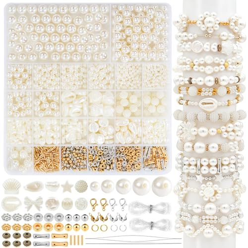 Dotilili Weiße Perlen zum Auffädeln, 4/6/8/10/12mm Unregelmäßige Geformte Kunstperlen und Bastelperlen Runde Beige Perlen Erwachsene Set mit Abstandsperlen für DIY Armbänder