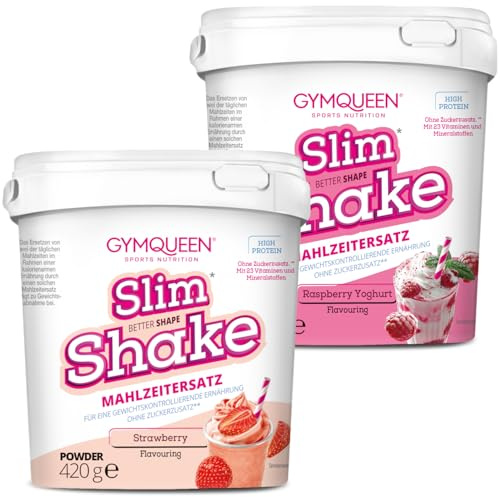 GymQueen Slim Shake 2x420g, Erdbeer + Himbeer Joghurt, Leckerer Diät-Shake zum einfachen Abnehmen, Mahlzeitersatz mit wichtigen Vitaminen und Nährstoffen