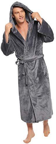 Vlazom Peignoir Homme Polaire Hivers Robe De Chambre Longue Capuche Doux et Chaud Sortie De Bain，Gris foncé，3XL
