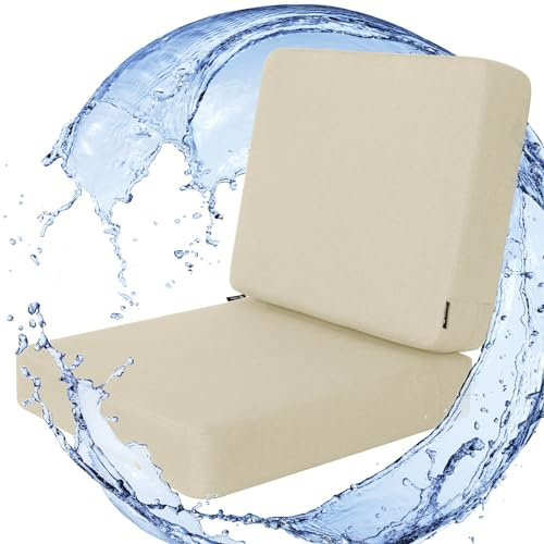 Favoyard Outdoor Deep Seat Cushion Set, Rainproof & 3-Year Fade Resistant Patio Furniture Cushions with Removable Seat Bottom & Back Cushion Covers for Chair, Sofa, Beige (Seat 24x24In Back 24x20In)