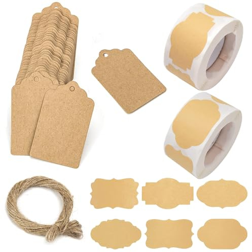 600 Stück Natur-Braun Etiketten Set mit Kartenanhänger, Etiketten Selbstklebend, 6 Muster Aufkleber Zum Beschriften, Unregelmäßige Klebeetiketten für Marmelade Geschenkaufkleber Flasche(2 Rollen)