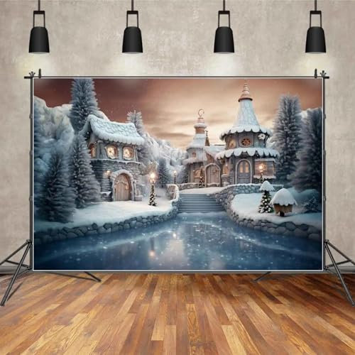 Fotografie Hintergrund Weihnachtsdorf Kiefern Dekorationen Fotohintergrund Hütte Schloss Wandlampe See Studio Requisiten 210X150cm