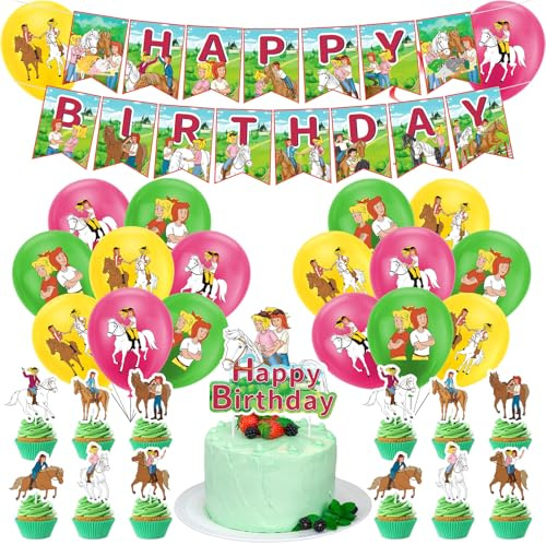 Pferde Geburtstagsdeko, Luftballons Grün Geburtstagsdeko Tortendeko Geburtstag, 32pcs Tortendeko Pferd, Mädchen Gegen Jungs-1 Happy Birthday Banner, 13 Cake Figuren Decoration, 18 Latexballon