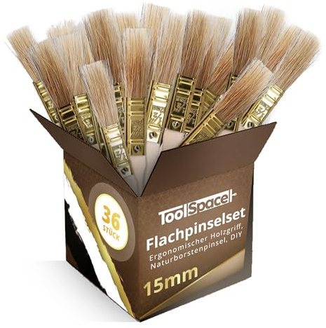 ToolSpace Set de Pinceaux Plats - 36 pcs - 15 mm - Kit de Peinture, Brosse Fine, Peindre Les Murs, Les endroits Difficiles d'accès, Pinceau Brush avec Poils Naturels - Manche Ergonomique en Bois, DIY