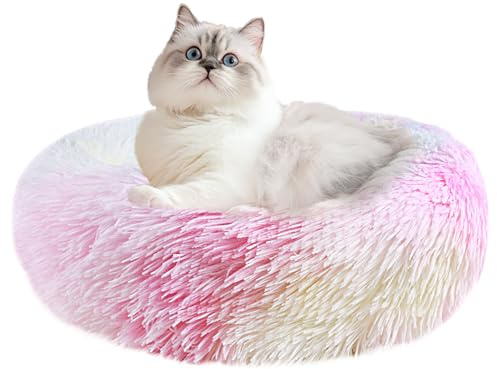 NAKIHOUSE Hundebett Katzenbett, Rundes Plüsch-Haustierbett, Weiches, warmes und waschbares Hunde-/Katzenkissen mit rutschfester Unterseite, für Indoor Welpen & Kätzchen, 50cm, Mix Pink