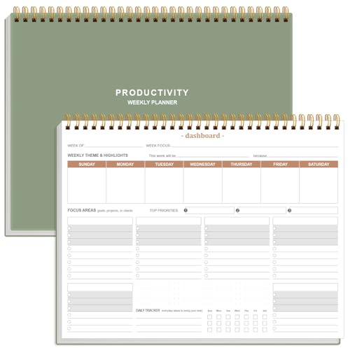 Weekly Productivity Planner - 8.5 x 11 Dashboard Desk Notepad Has 6 Focus Areas to List Tasks for Goals, Projects, Clients, Academic or Meal-Organize Your Daily Work Efficiently, 54 Weeks, Green