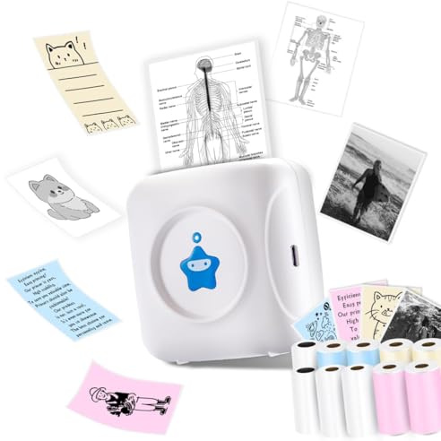 vretti Mini Drucker, TP2-Y Thermodrucker, Aufkleberdrucker für Smartphone | Fotodrucker mit 10 Etikettenrollen, Tragbarer Taschendrucker für Geschenke, Studiennotizen, Anatomische Diagramme, Fotos,Blau