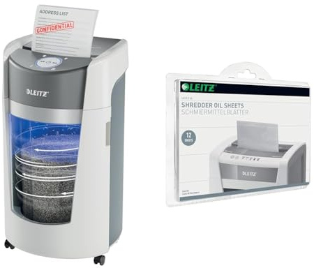 Leitz IQ Set OptiMax Office P5 Aktenvernichter mit Mikroschnitt, 10 Blatt, Rotierender Behälter für 33% mehr Volumen, Extrem leise, 120 Min Betrieb, 83600000 + Leitz IQ Ölblätter, 12 Stück, 80070000
