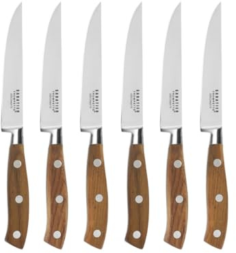 SABATIER TROMPETTE - Set 6 couteaux steak - Ryokan - Acier 5CR15MOV finition satinée manche Bois de frêne - 22.5 cm (Lame 13 cm) - Bois