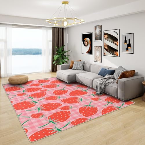 Cute Teppich Kawaii Erdbeere - Teppich Wohnzimmer Schlafzimmer Mädchen Erdbeere, Großer Teppich Rosa Obst, Weich Kurzflor & Waschbar & rutschfest Wohnzimmerteppich, Bettvorleger 120x170 cm
