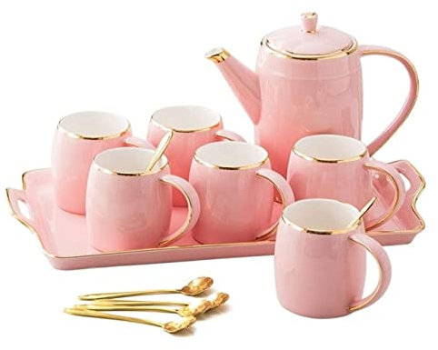 GKJHTED Teeservice, Kaffeetassen-Set, Teetassen-Set, 14-teilig, nordisches Luxus-Teeservice, Keramik-Kaffee-Teeservice, Phnom Penh, Kaffeekanne, Tassen-Tablett-Set (Rosa, 14-teilig) (Ros