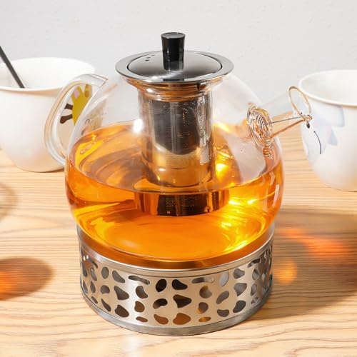 Teekanne mit Stövchen Set 1,6 Liter, Transparent Heatable Teekanne Glas with Stainless Steel Removable Filter, Teekanne mit Siebeinsatz Suitable for Scented Tea, Green Tea, Black Tea, Fruit Tea