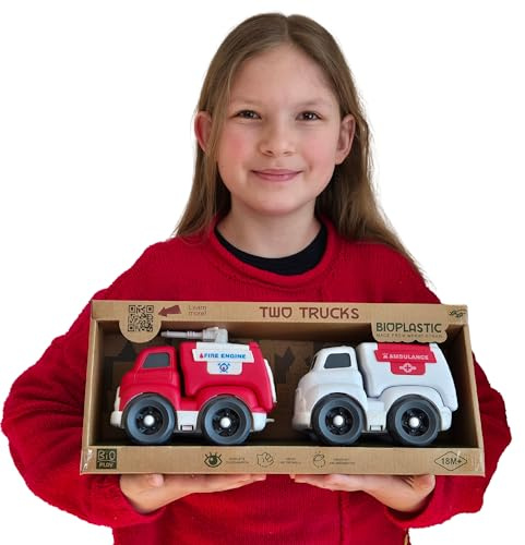 BIOPLAY® 2-er XL Truck Set | Bio Kunststoff | Nachhaltiges Spielzeug ab 1 Jahr für Jungen und Mädchen | Indoor und Outdoor | Feuerwehr | Krankenwagen