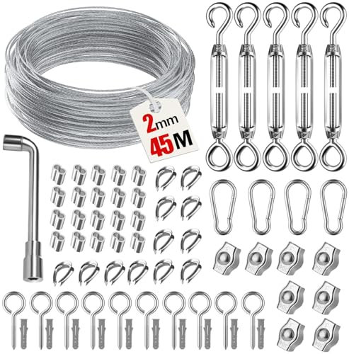 45M 71pcs Cable de Acero Inoxidable para Plantas Trepadoras, Kit Completo con Tensores de Cable, Grapas de Cable y Accesorios, Ideal para Tendedero de Exterior y Proyectos de Jardinería y Bricolaje