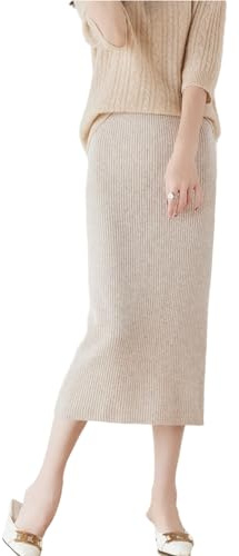 Ailaile Gonna lunga da donna, 100% lana merino, gonna lavorata a maglia, elastica, a costine, per autunno e inverno, gonne sottili, Cammello Latte, S