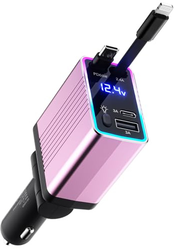 massway 4 in 1 Zigarettenanzünder USB C Auto Ladegerät, 120W Kfz-Schnellladegerät Integriertes Einziehbares Kabel KFZ-Ladegerät Auto zubehör für iPhone 17/16 Pro Max Air/Samsung (Rosa)